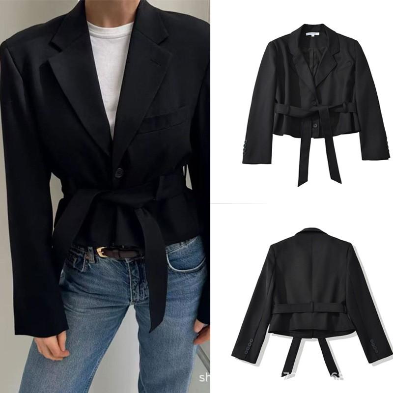 Womens Tailored Short Blazer Slim Fit Tie Waist Office Work Jacket