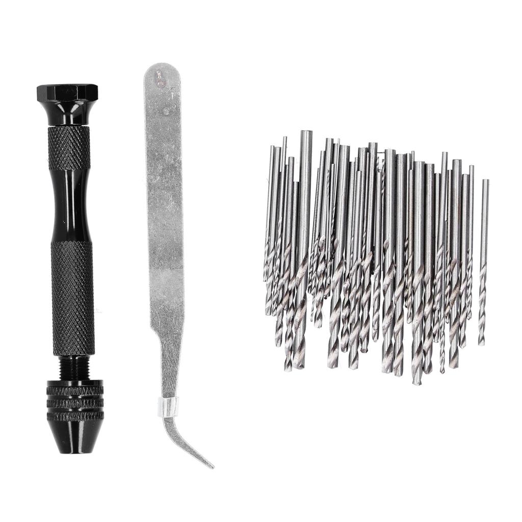 Hand Twist Drill Set Pin Vise Manual Drilling Carving Puncher Black with 46Pcs Bit Tweezers