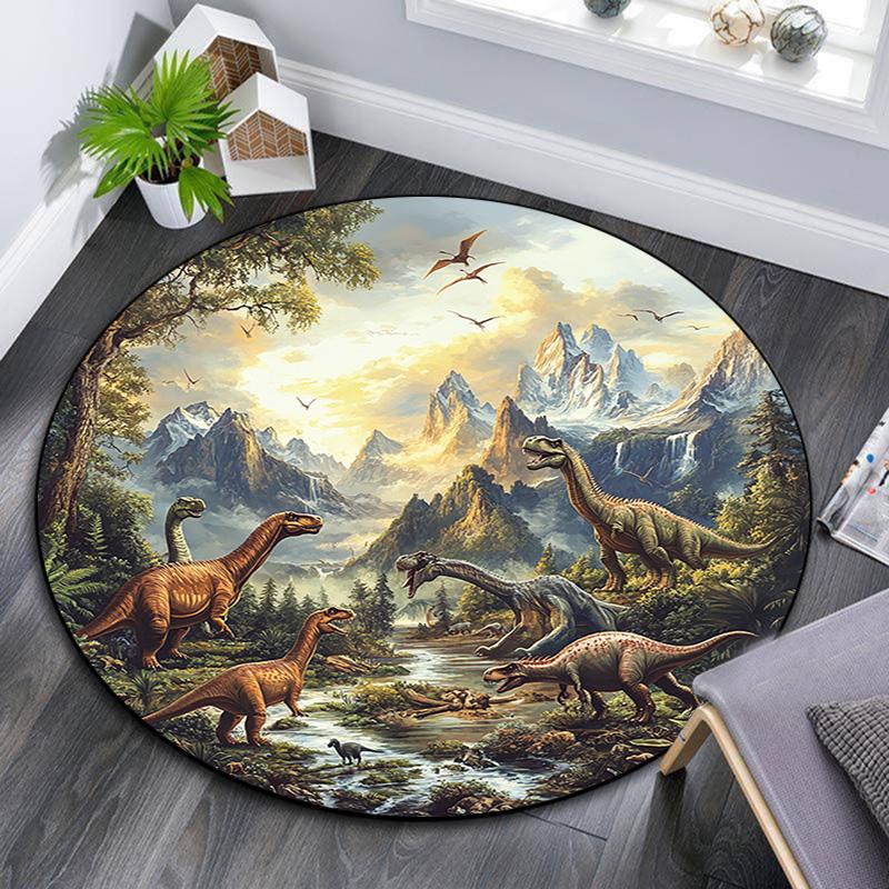 Dinosaur Landscape Round Area Rug,Carpet Rug for Living Room Bedroom Sofa Playroom Decor,Non-slip Floor Mat