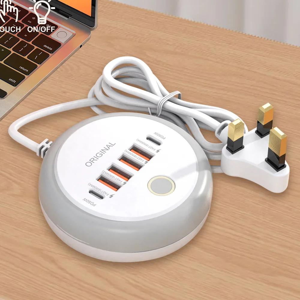 PD 50W Multi Port Charger Type C Fast Charging EU US Plug Wall Charger 6 Port USB Quick Phone Charger with Touch LED/ Fill Light