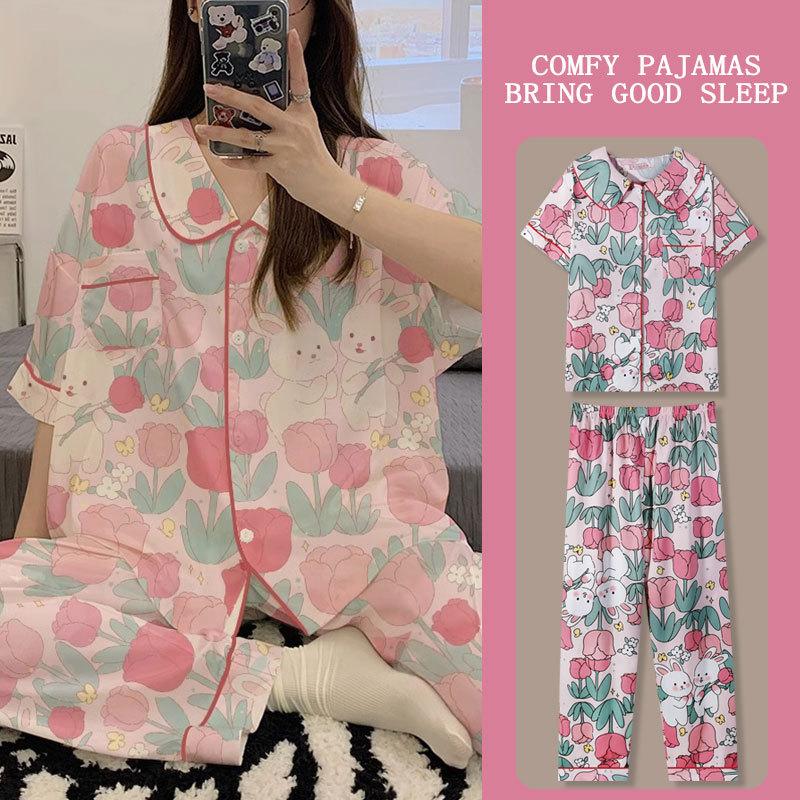 Japanese Kitty Cat Pajamas Women's Summer Thin Short-sleeved Trousers Loose Plus Size Girl Raw Loungewear Set