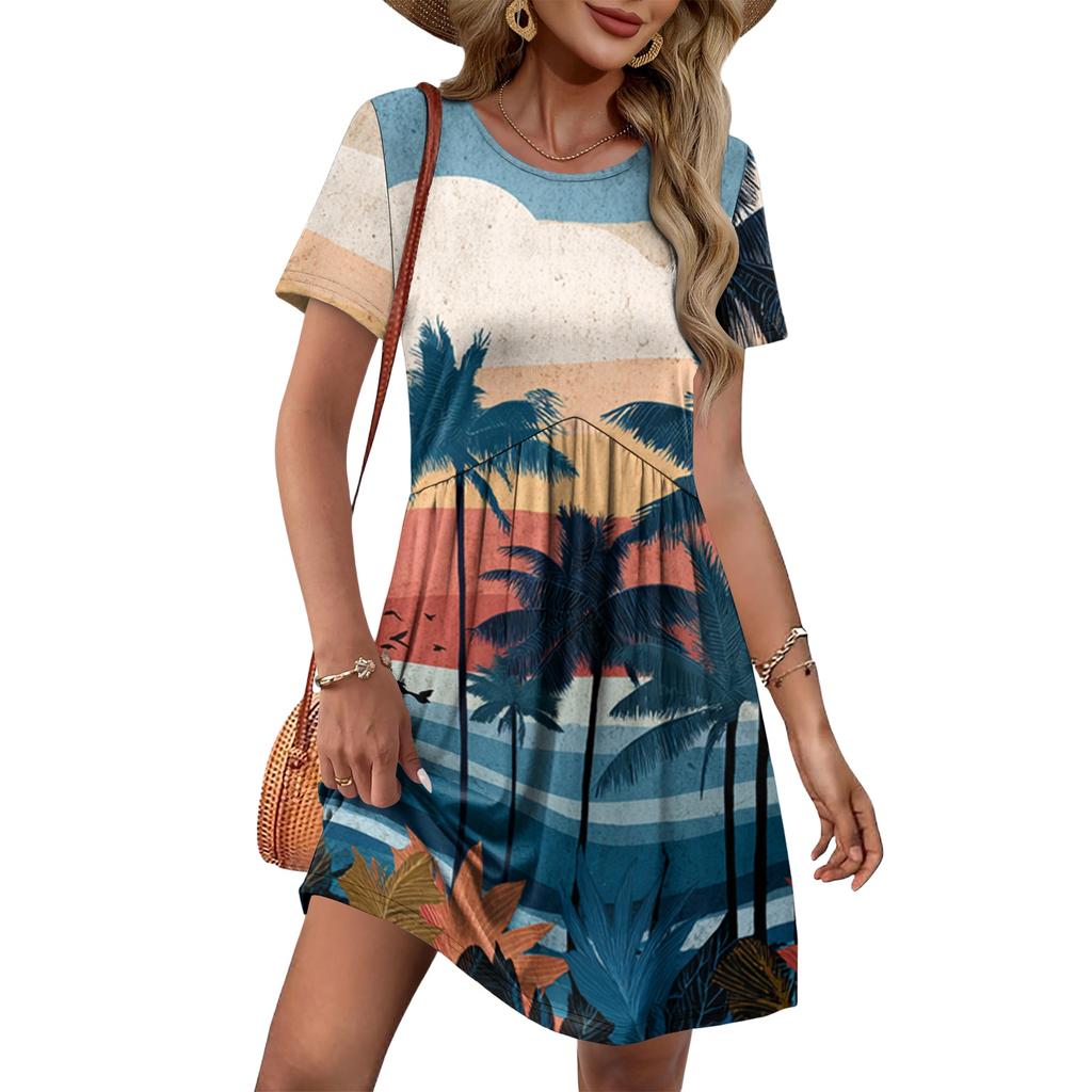 Damen Kurzarm Freizeitkleid Hawaiian Print Rundhalsausschnitt Taillenband Tasche Sommer Strandkleid