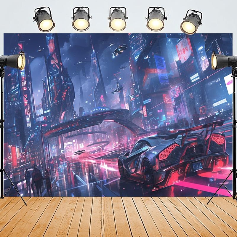 1pc Neon City Nightscape & Cool Sports Car Wall Tapestry - Vibrant 2D Printed Polyester, Clip-On Installation for Bedroom & Livi
