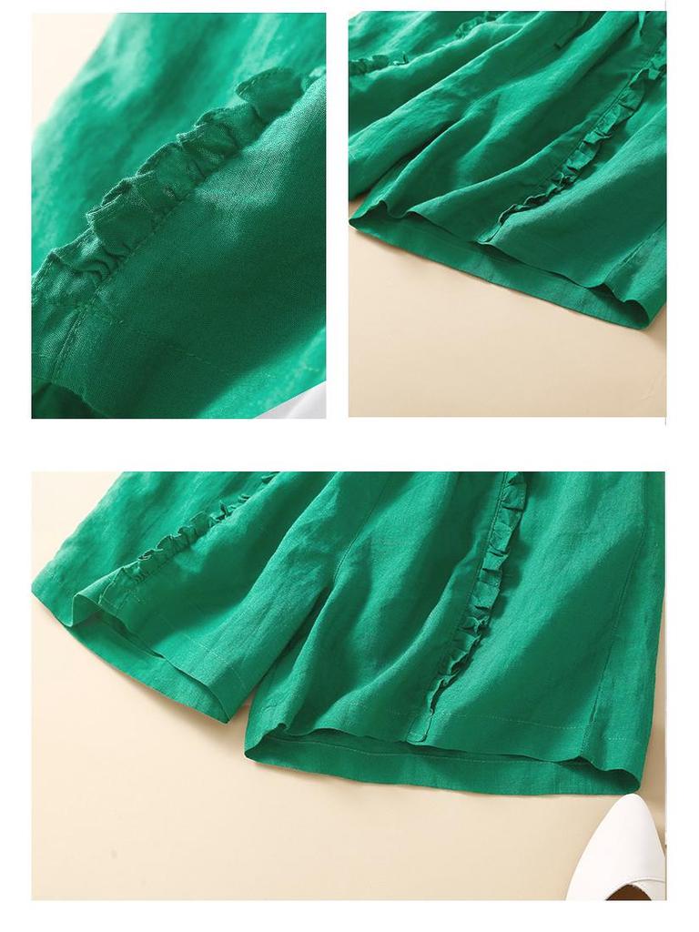 Women's Summer 2024 Retro Cotton Linen Ruffle Wide-Leg Shorts - Casual, Loose Mid-Length.