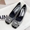 Women's Thick Heel Shoes Fall New Square Head Shallow Mouth Crystal Buckle Anti-slip Wear-resistant Low-top Shoes