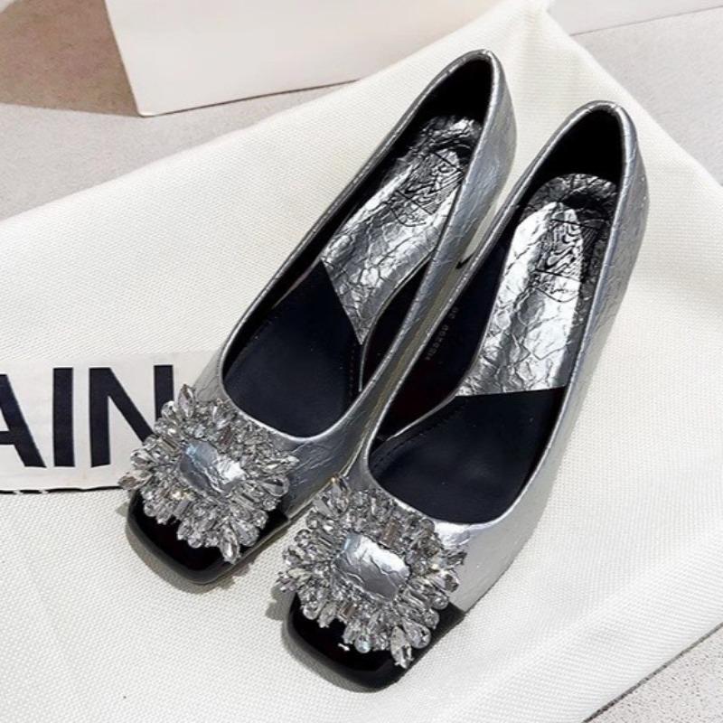 Women's Thick Heel Shoes Fall New Square Head Shallow Mouth Crystal Buckle Anti-slip Wear-resistant Low-top Shoes