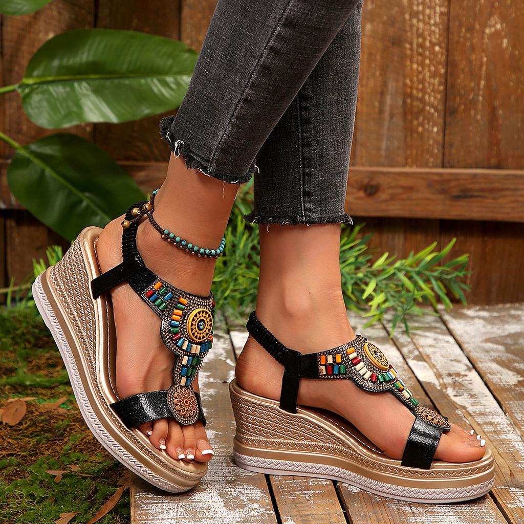 Fashion Women Sandals Bohemian Style Wedge Sandals Summer Thick Sole Non Slip Beach Shoes Woman Colorful Bead Chunky Platform Sandals