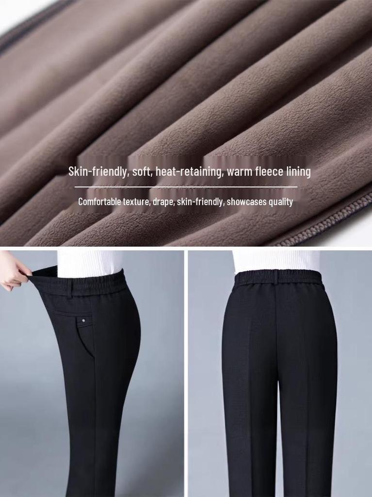 Women's Fleece-Lined High-Waist Warm Pants – Thick, Casual, Straight-Leg for Mom Style, Ideal for Winter Wear by Middle-Aged and Elderly.