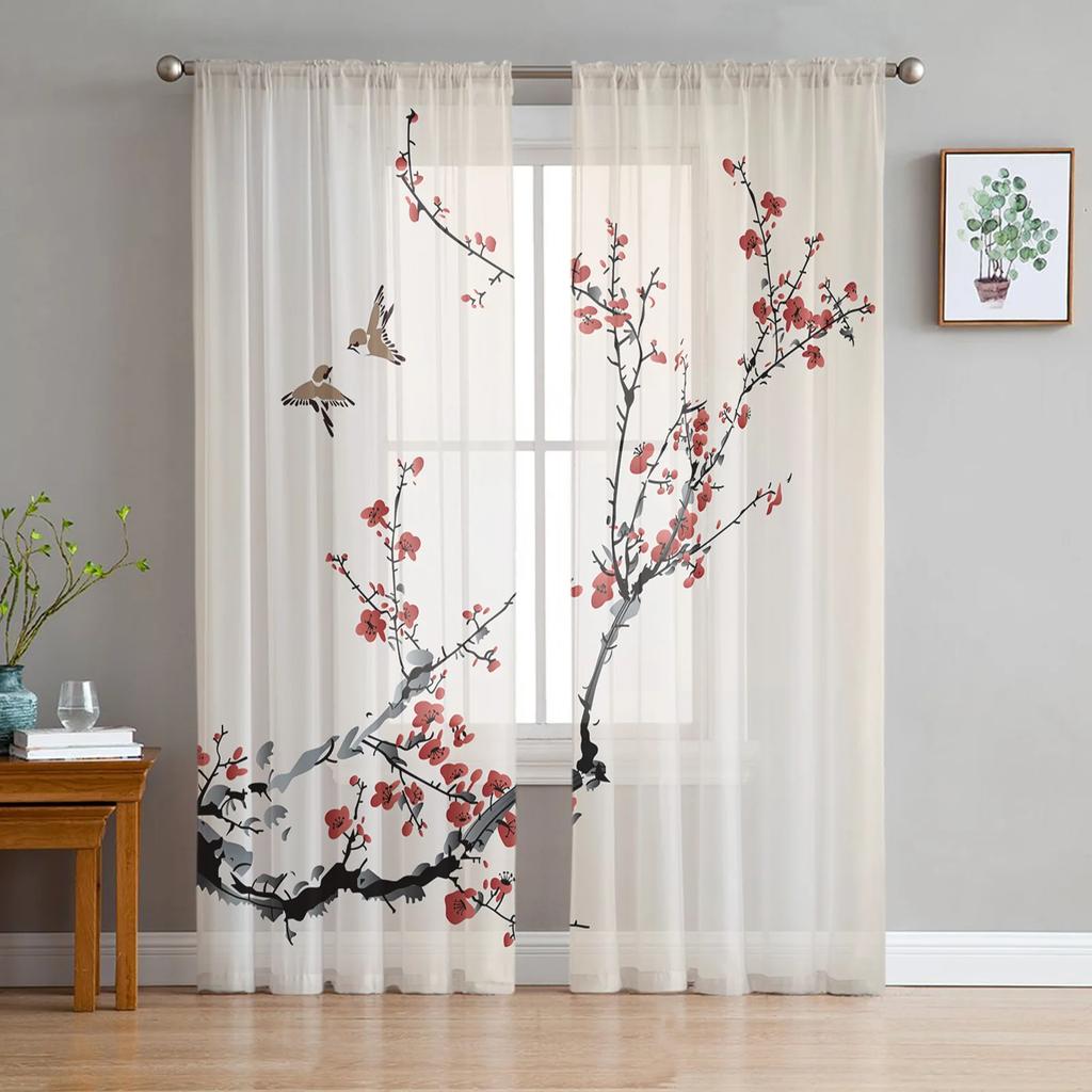 Landscape Ink Painting Tulle Window Curtains Living Room Organza Yarn Sheer Voile Curtain Bedroom Kitchen Home Decor Drape