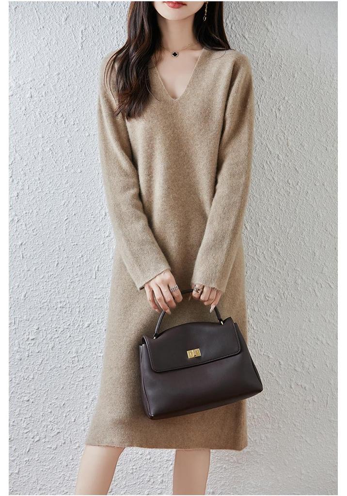 Women's V-Neck Pure Wool Knit Dress, Loose Fit, Mid-Length, Over-the-Knee - Autumn/Winter Collection