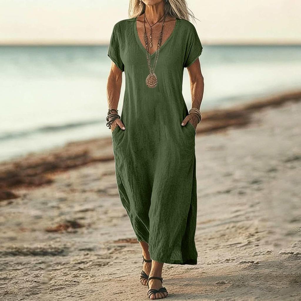 Women V Neck Short Sleeve Loose Fit Maxi Dress with Pockets Casual Summer Lightweight Long Dress for Daily Wear