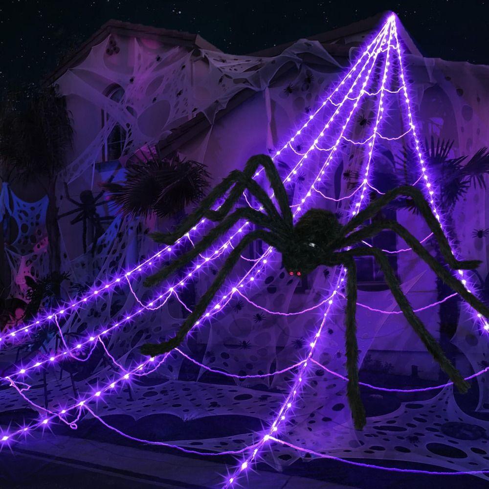 Glow Halloween Spider Web Lights 8 Modes Scary Giant Spider Luminous Halloween Spider  Bar