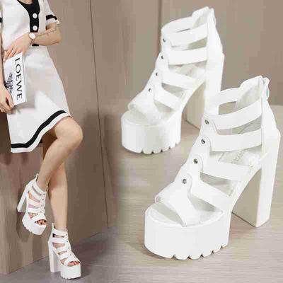 Sommermode Nieten Damen Römersandalen 2025 Damen Zehenoffene High Heels Plateau Dicke Absatzschuhe Größe 34-39 Schwarz Weiß Pumps