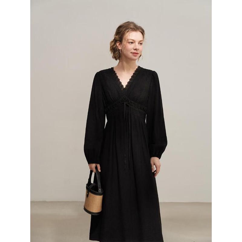 Women s Plus Size French V-Neck Lace Splicing Long Sleeve Dress XXL
