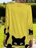 Women's Plus Size with Pocket Design Yellow Cat Pattern Loose Long Sleeve T-Shirt Women's Fashion Versatile Casual Top