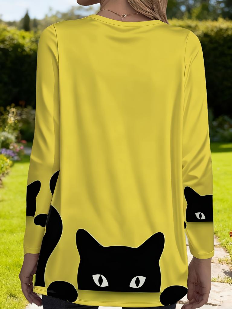Women's Plus Size with Pocket Design Yellow Cat Pattern Loose Long Sleeve T-Shirt Women's Fashion Versatile Casual Top