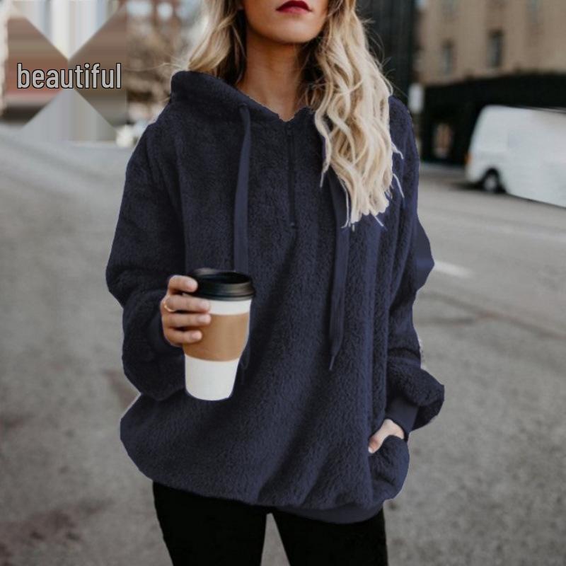 European and American Women's Plush Hooded Sweatshirt - Long-Sleeved, Loose Fit, Fleece Pullover for Autumn and Winter