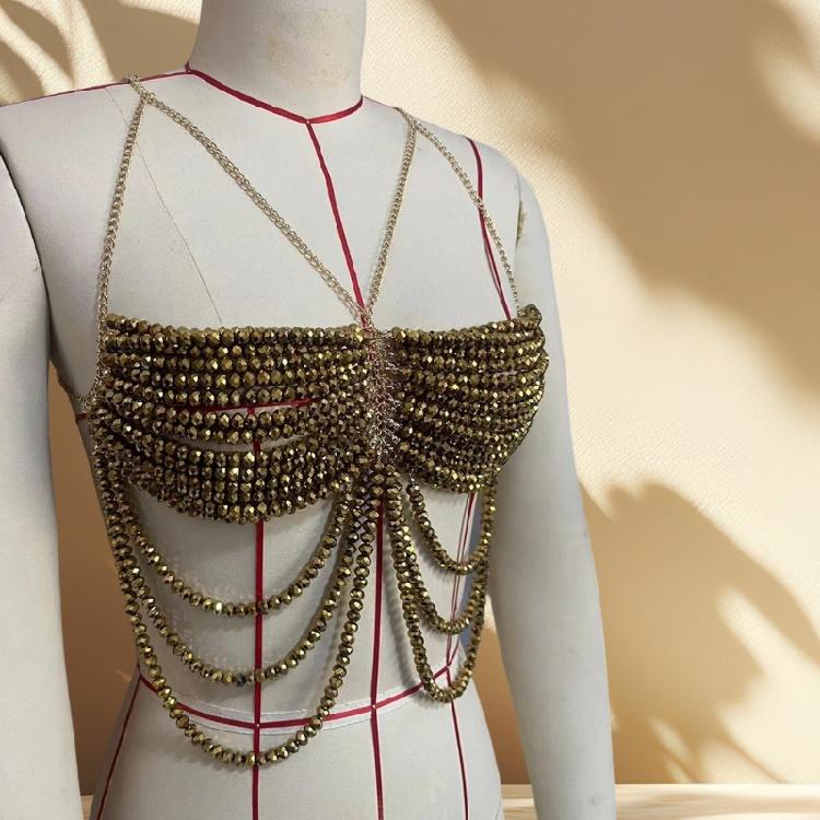 Women's Halterneck Vest Beaded Accents Glass Crystal Body Chain For Summer Parties Beach Vacation Stylish Chest Jewelry