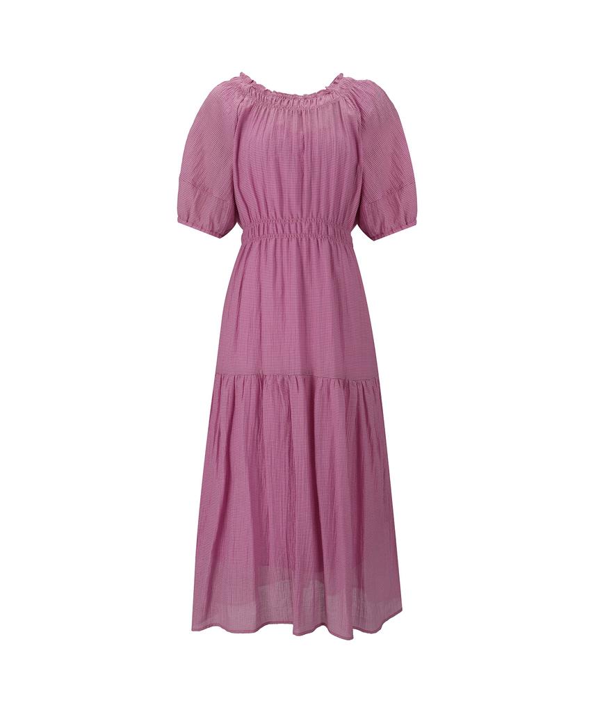 VISITINNEWYORK Neck Shirred Waist Smocking Long Dress (Va5Op33)