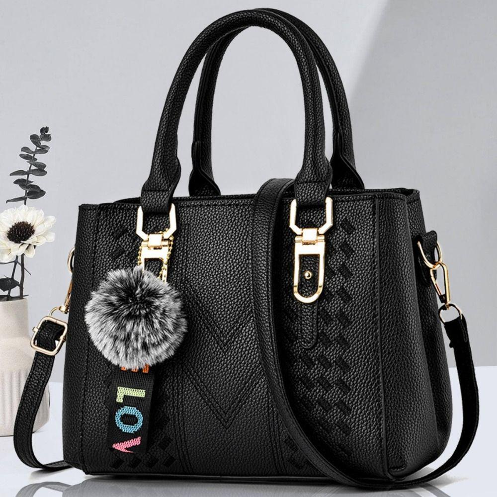 Korea Leather Women Handbag with Keychain Open Pocket Shoulder Bag Large Capacity Casual Messenger Bag Lady