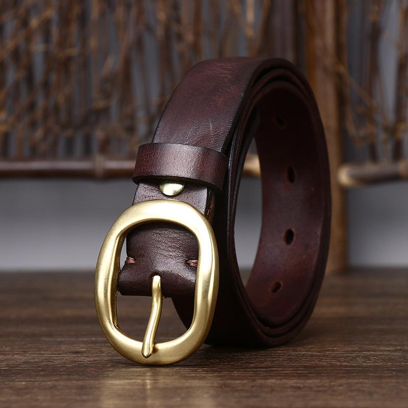 Retro Pleated Trendy Copper Buckle Belt Women'S Genuine Leather First Layer Pure Cowhide Versatile Jeans Belt