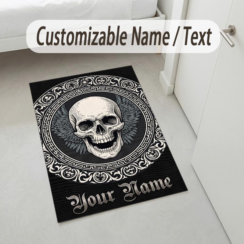 Skull Floral Theme Soft Crystal Velvet Rug Custom Name & Text Print Non Slip Floor Rug for Bedroom Living Room