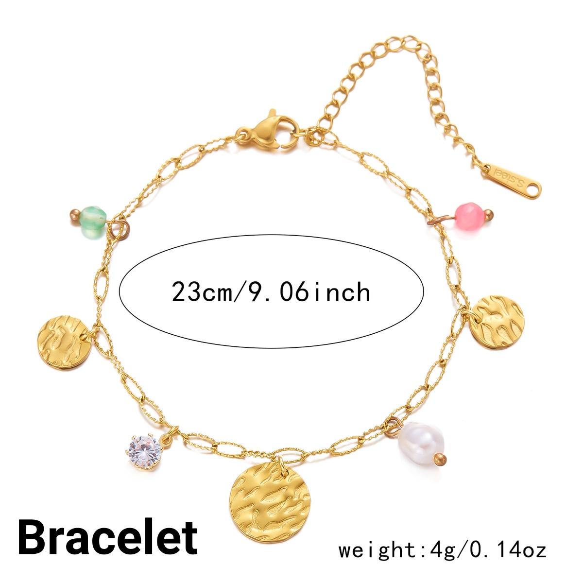 Stainless Steel Round Coin Shaped Tassel Bracelet For Women Retro Imitation Pearl Irregular Surface Crystal Beads Bangle Jewelry