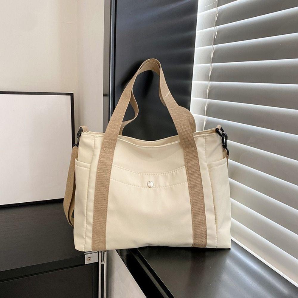 

Solid Color Multi Pocket Tote Bag Large Capacity Nylon Crossbody Bag Canvas Tote Bag Commuting бежевый