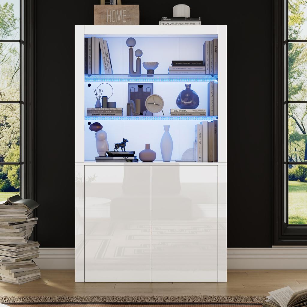 Sideboard de sofá de 100 x 35 x 170 cm, armário de arrumação de alto brilho com luzes LED, camada de exposição em vidro temperado, armário alto vertical para a sala de estar