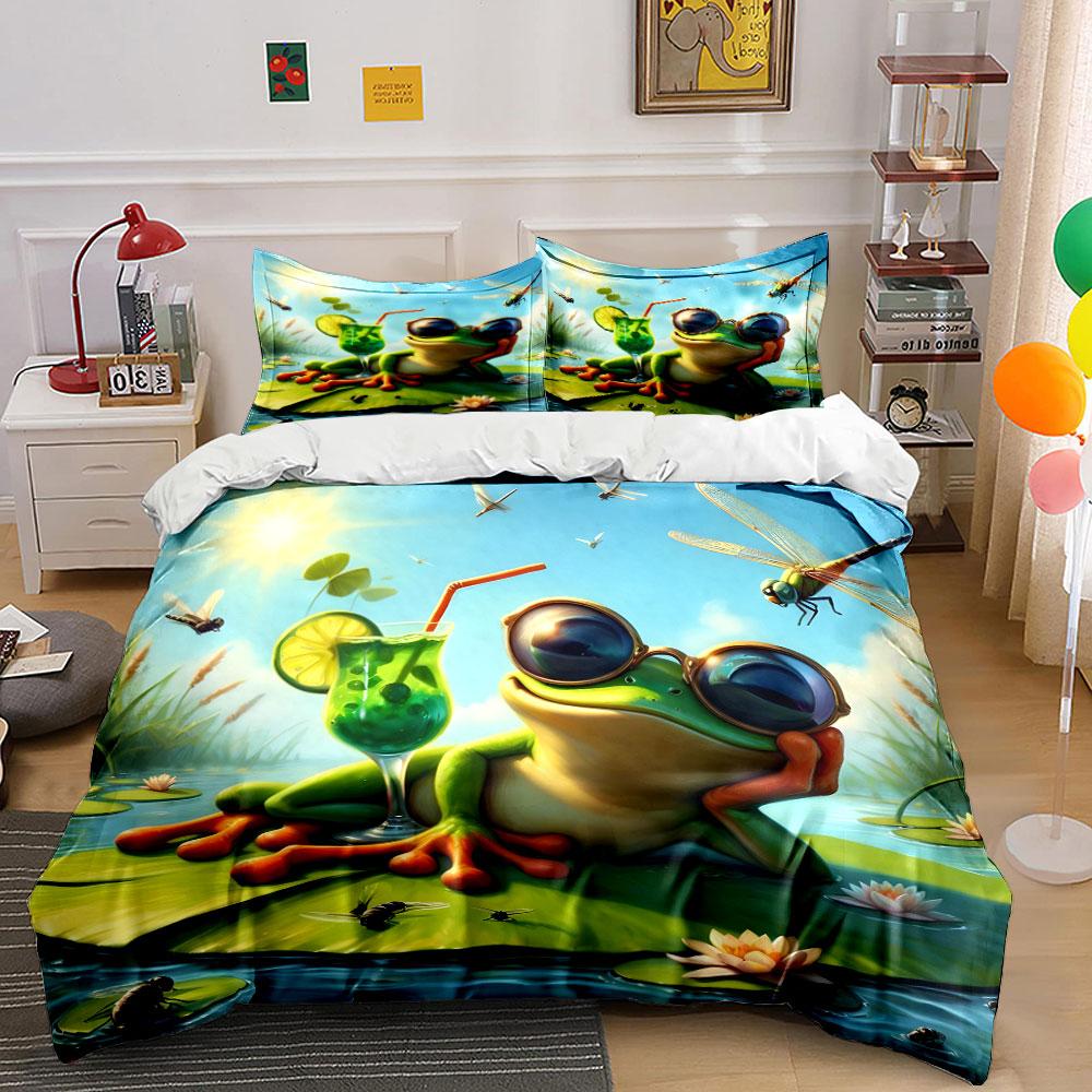 Relaxing Frog With Drink Print Bedding Set 1 Duvet Cover 2 Pillowcases For Adult And Children Luxury Gift Full Size