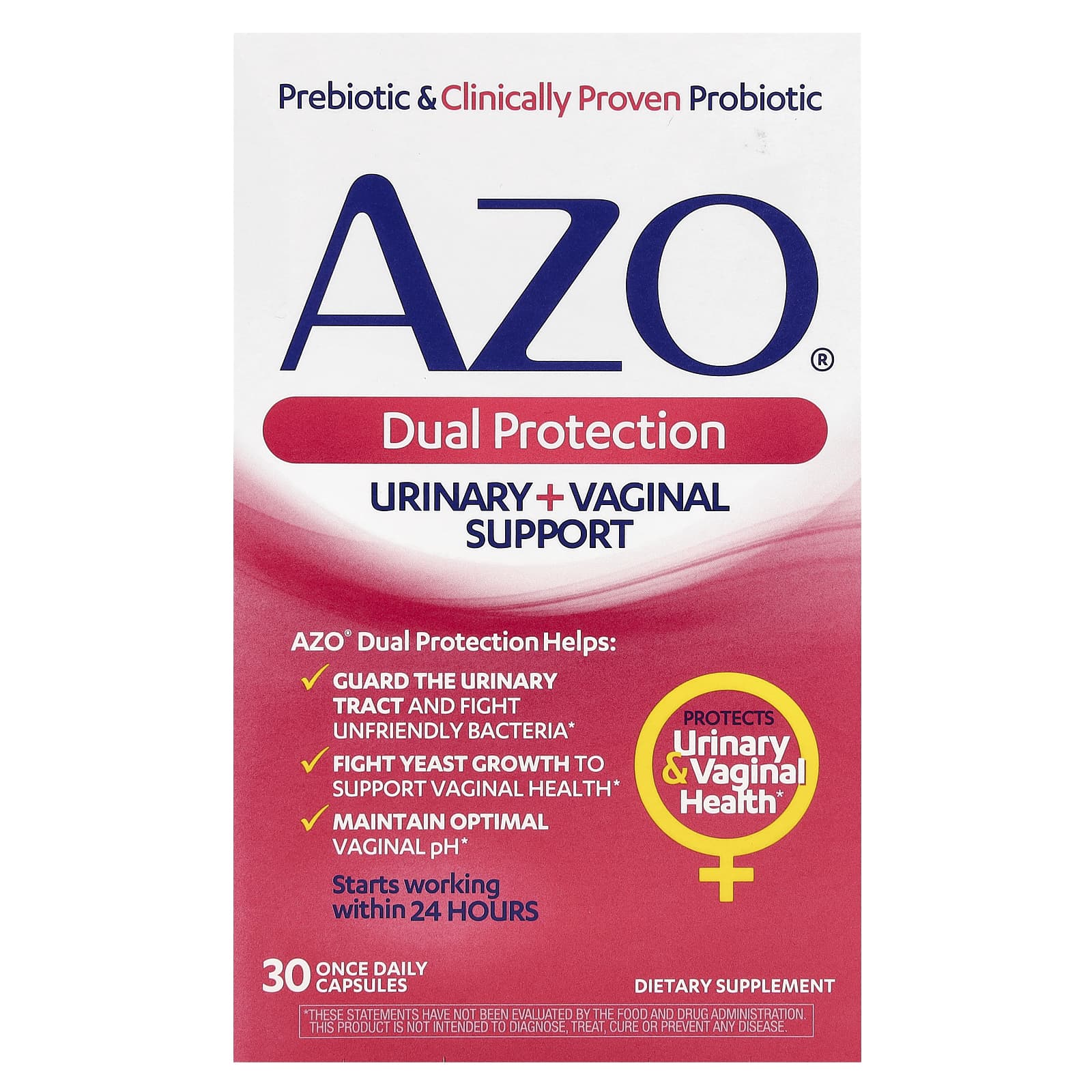 

AZO, подвійний захист, зміцнення сечовивідних шляхів + здоров я піхви, 30 капсул один раз на день