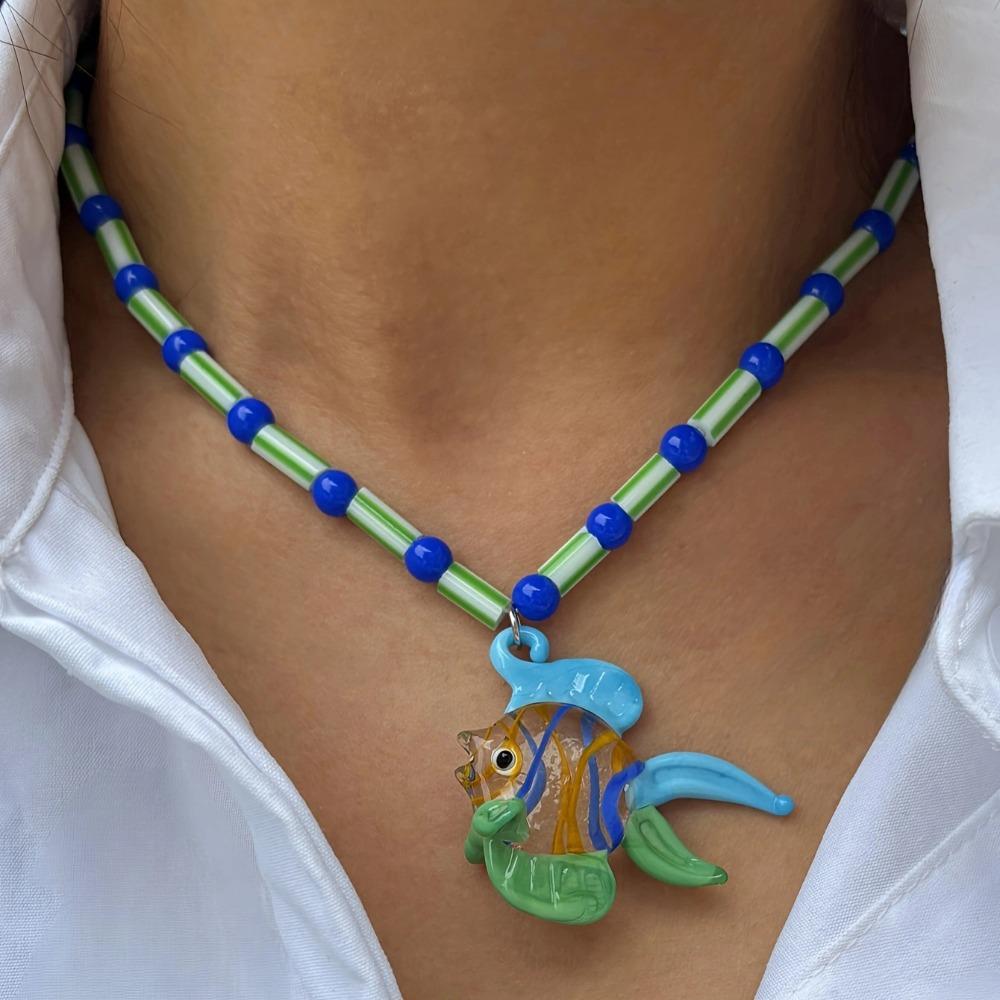 Tropical Island Seahorse Pendant Colorful Glass Beaded Necklace Women and Girls