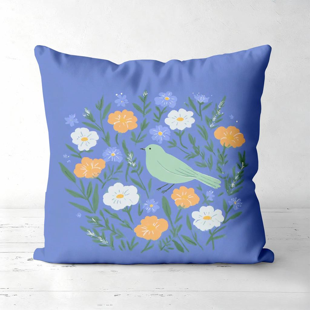 Floral Patterned Cushions Blue with Bird Design Polyester Pillowcase, Sofa Decorative Cushion Cov Headboard Pillow