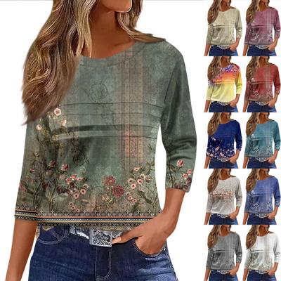 Modă Femei Casual Larg Mânecă 3/4 Imprimeu Floral Top cu Gât Rotund