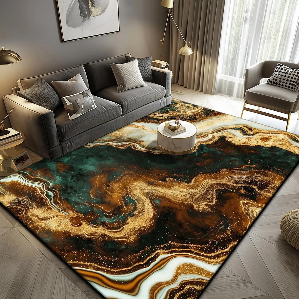 Luxury Marble Large Area Rug Black Gold Abstract Carpet for Living Room Sofa Lounge Coffee Table Non-Slip Soft Floor Mat