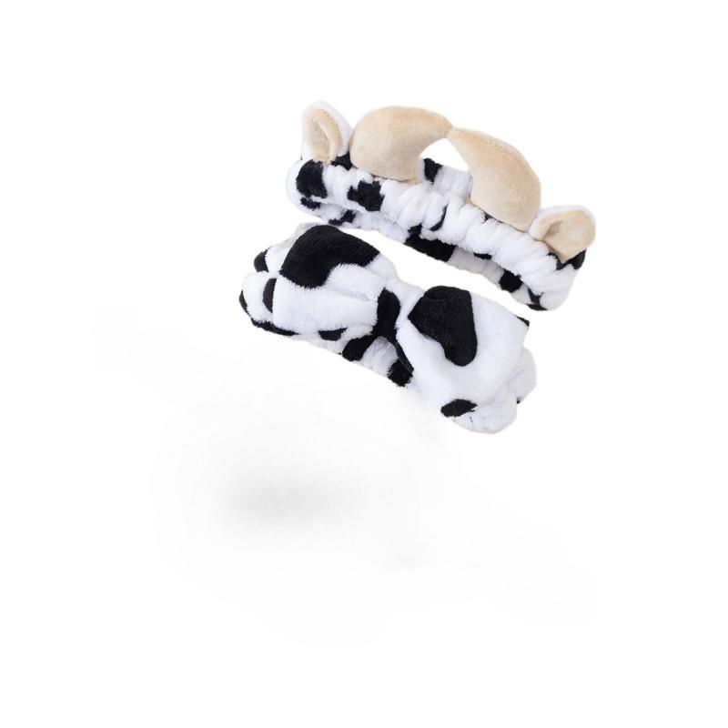 1pc Cow Pattern Bath Headband & 2pcs Bath Wrist Band, Polyester Cow Decor Facial Makeup Headband & Wrist Wash Band