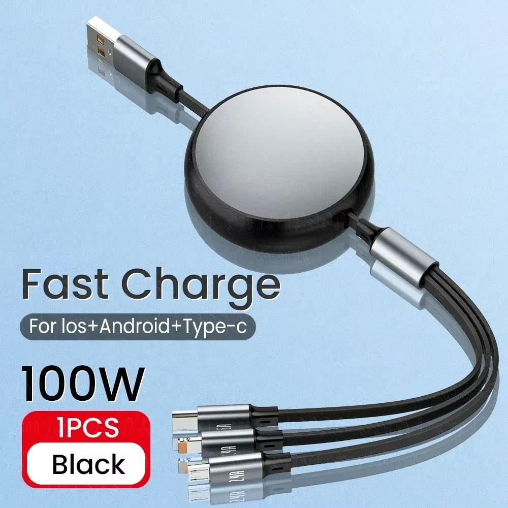 6A 100W 3 In 1 Fast USB Cable for Huawei/Honor Retractable Portable 3 In 1 Micro USB Type C Charger Cable For iPhone Samsung