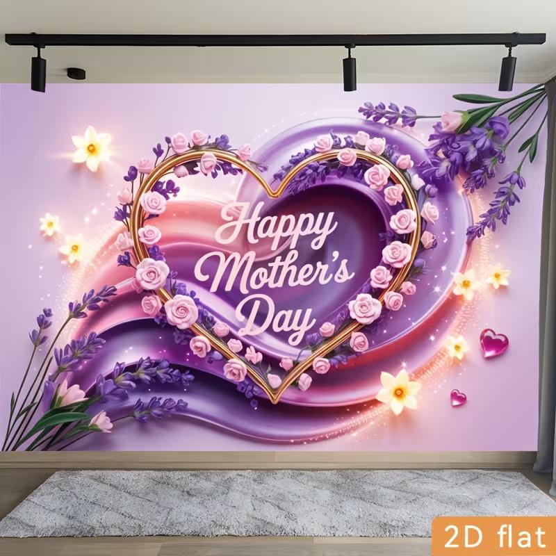 2D Mother's Day Photography Backdrop Pink Purple Floral Heart Photo Booth Banner