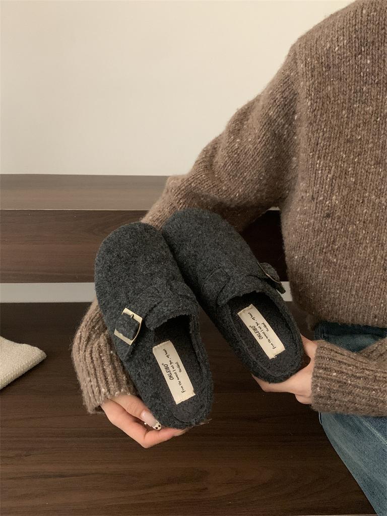 Korean Version of Retro Platform Woolen Birkenstocks Women's 2025 New Velvet Warm Lazy One Pedal Bag Head Half Slippers