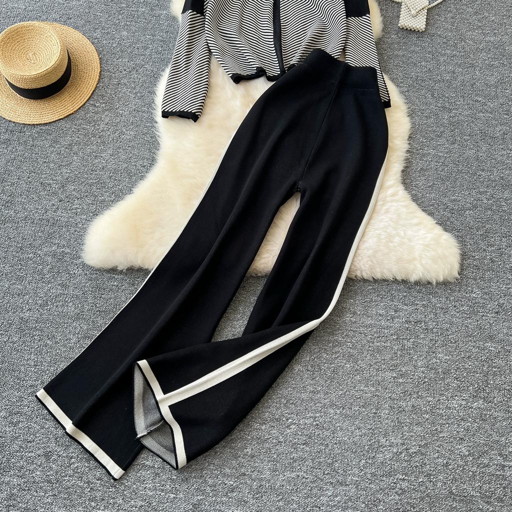 Autumn Winter Women Casual Striped Knitted Sweater Trouser Two Piece Set V-neck Pullover Tops and Wide Leg Pant Tracksuit
