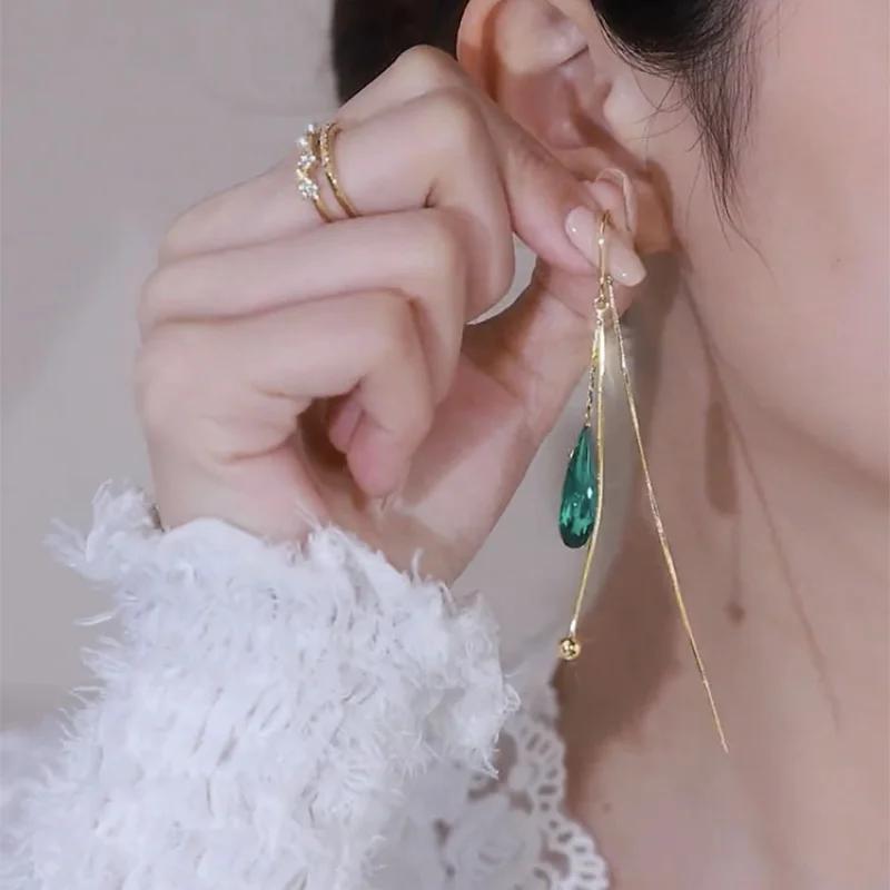 Korea Luxury Long Green Drop Crystal Earstring Fashion Temperament Simple Tassel Earrings Vintage Women Pendant Earring Party