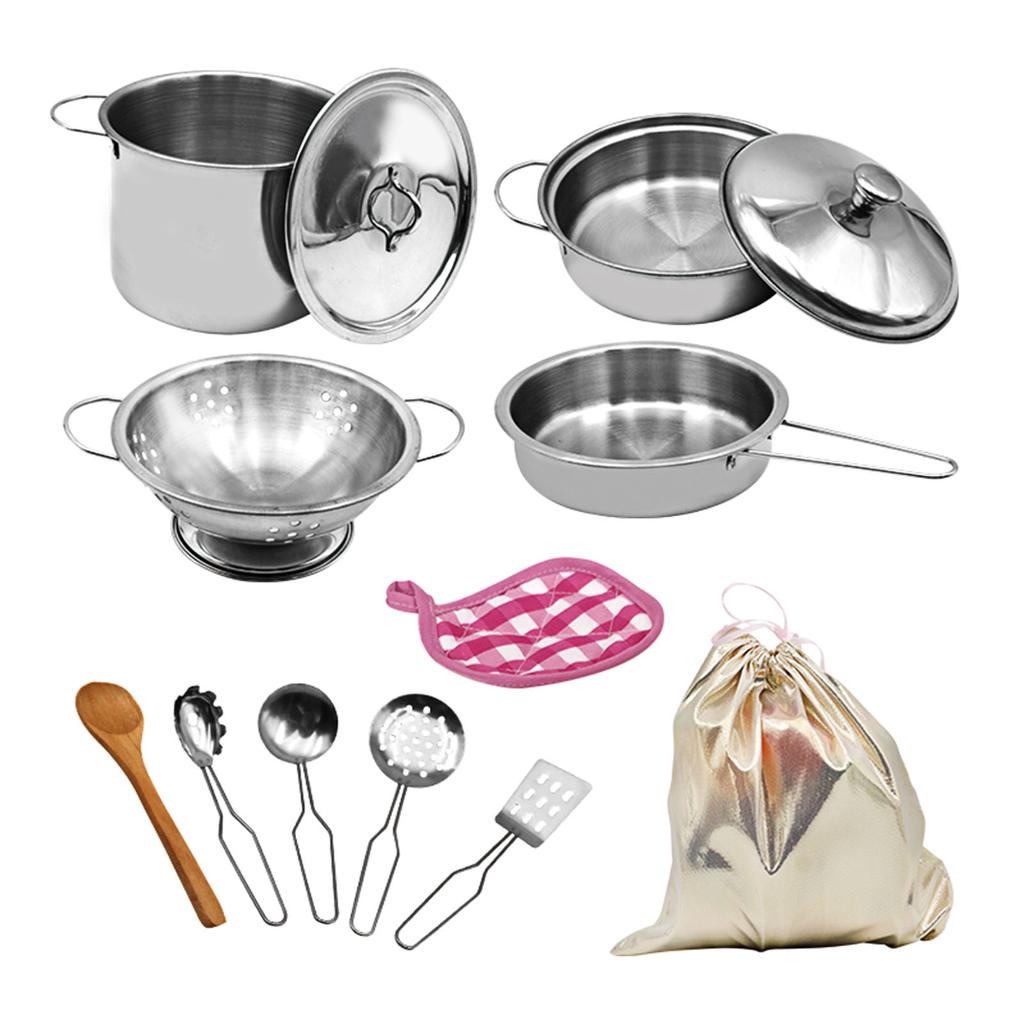 12 PCS Kitchen Set Pretend Play with Storage Bag Simulated Kitchen Toy Stainless Steel Soup Pot Pan
