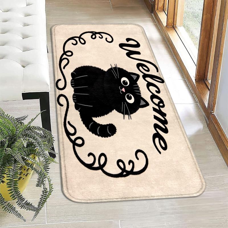 Curled Black Cat Welcome Flannel Floor Mat, Door Non-slip Foot Mat, Entrance Atmosphere Decorative Carpet