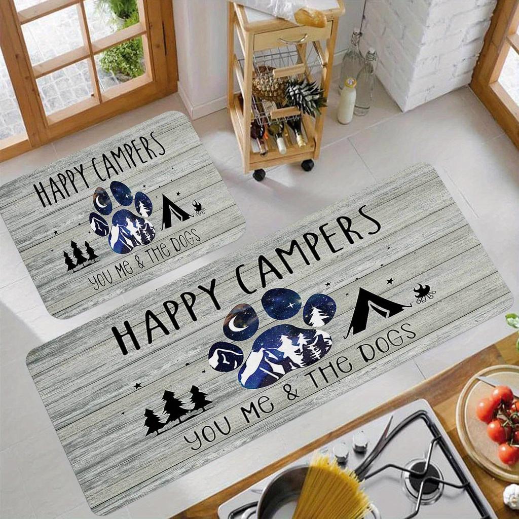 Happy Camper Theme Kitchen Mat Polyester Non-Slip Rugs With Fade Carpet Resistant Rectangular Wood Grain Camping Decor Mat