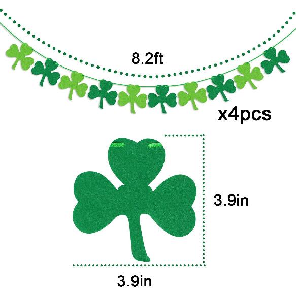 St Patricks Day Decorations 4PCS Felt Shamrock Garland Banner - NO DIY Shamrock Clover Garland Banner for St Patricks Day Decor - Dark Green Light