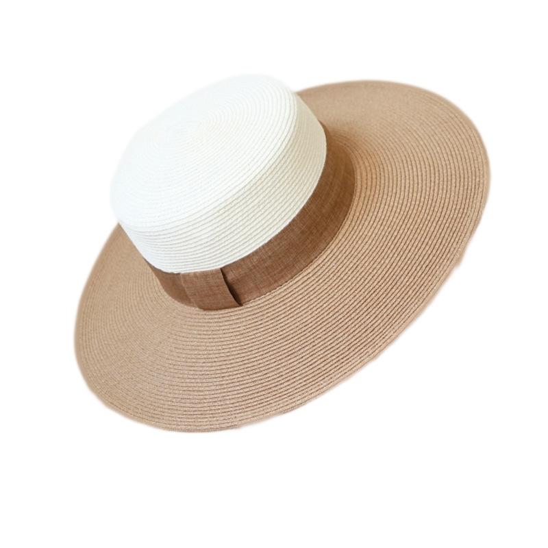 French Retro White Khaki Flat Top Top Top Hat Women'S Summer Sunshade Vacation Beach Sun Straw Hat Big Brim