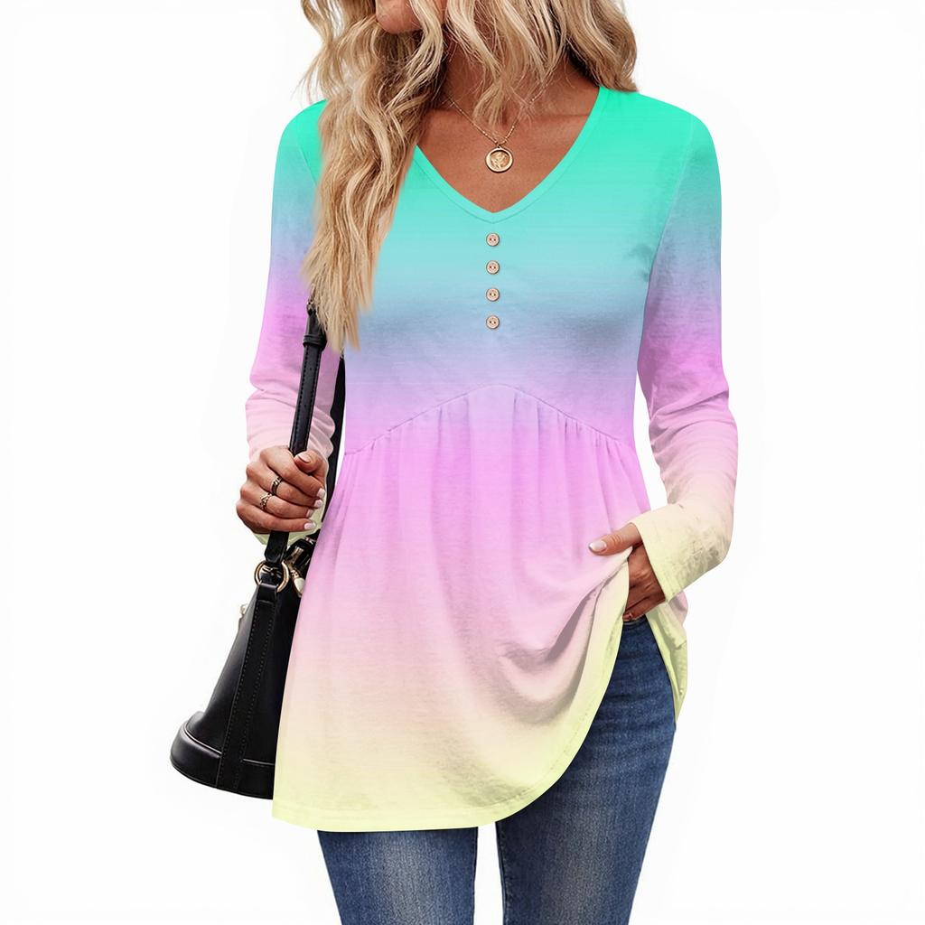 Women's Casual Fashion V-Neck Button Gradient Long Sleeve Top