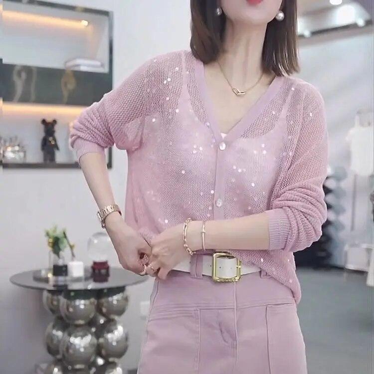 Knitted sweater with lazy style sequin hollow V-neck, loose and thin summer air conditioning protective cover, long sleeves