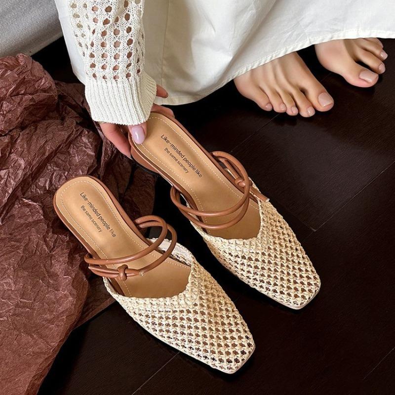 

Vintage Woven Slip-on Toe Half Slippers Women s New Outwear French Fairy Style Thick Heel Holiday Shoes Outdoor Flip Flops 40 бежевий