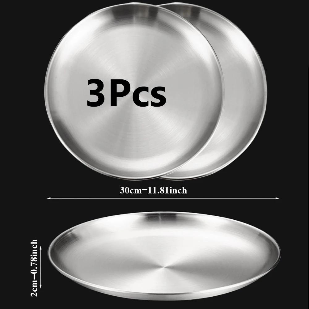 3Pcs Stainless Steels Round Silver Shallow Tray Plate Rust-Proof 14/17/20/23/26/30cm Camping Plate BBQ Picnic Dishes Cookware